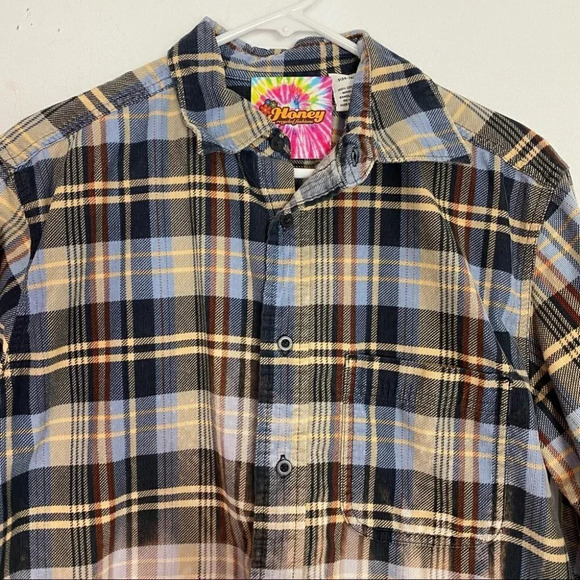 Upcycled Corduroy Shirt Mens Size Small Ombré Custom Bleached Plaid Button Down - Picture 3 of 11